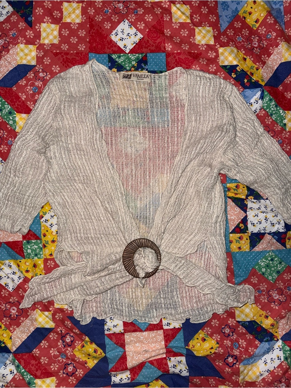 Cream Tie-Front Open Knit Cardigan with Ring Detail